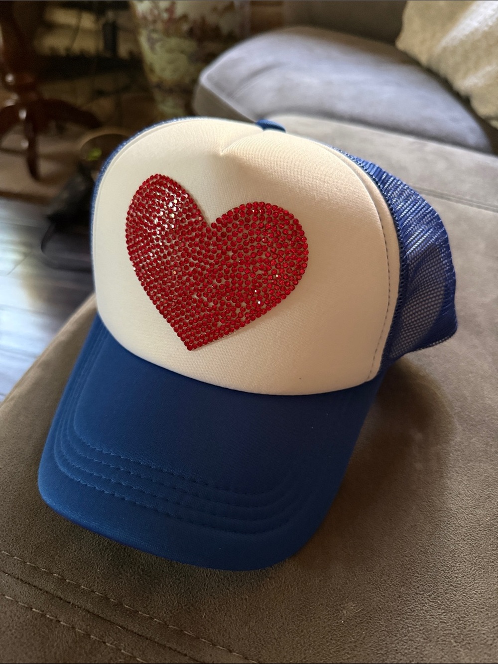 Blue Trucker Hat with Red Rhinestone Heart unisex fit SnapBack